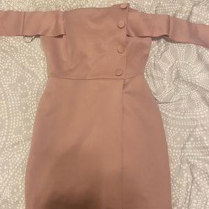Lavender off-shoulder dress.